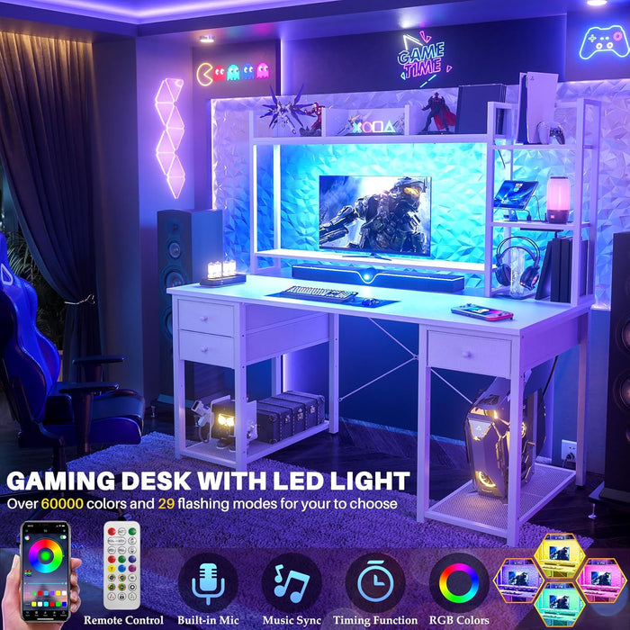 Desk with LED and Outlets, Gaming Desk with Hutch, 47.2'' Computer Desk with Drawers, Reversible Office Desk with Storage Bookshelf Large Workstation Desk with Shelf, Desk for Home, White