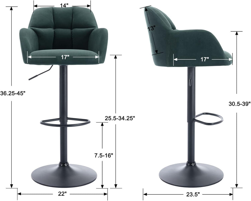 Modern Swivel Bar Stools Set of 2 Velvet Counter Height Barstools with Back and Arms Adjustable Bar Stool Chairs with Metal Base for Kitchen Island/Home Bar/Dining Room, Green