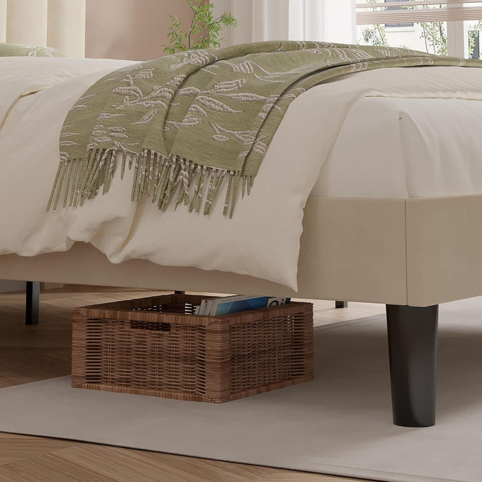 Full Size Bed Frame with Upholstered Headboard, Velvet Platform Bedframe Mattress Foundation, Strong Wood Slat Support, No Box Spring Needed,Bone Beige