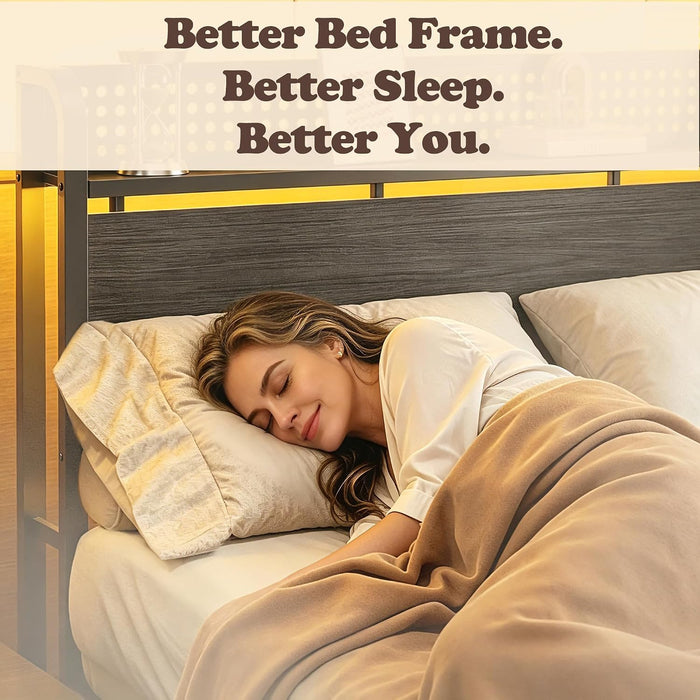 Queen Bed Frame with Storage Headboard,Charging Station,2 Drawers