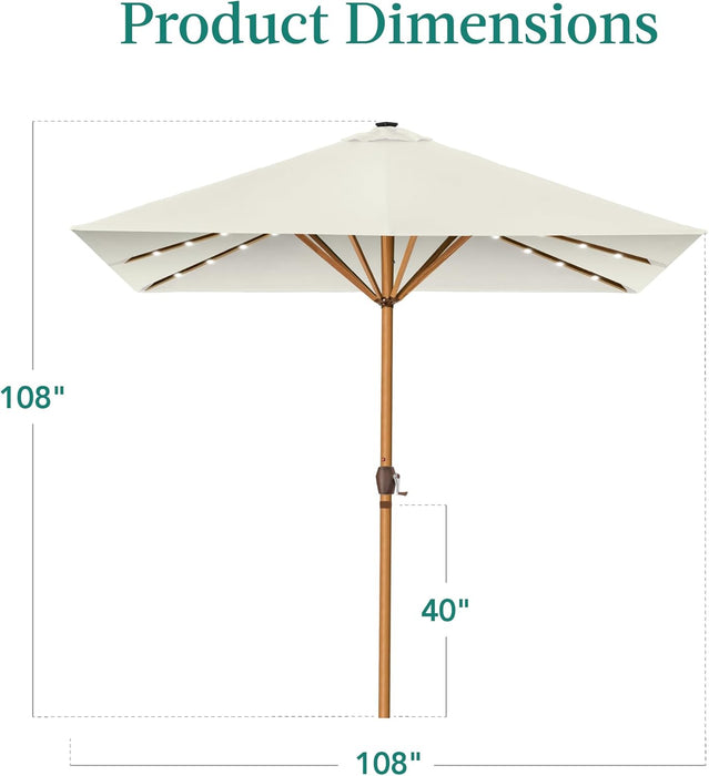 9Ft Deep Square Solar Powered LED Lighted Patio Umbrella W/Woodgrain Pattern, Uv-Resistant Fabric, Hand Crank - Ivory