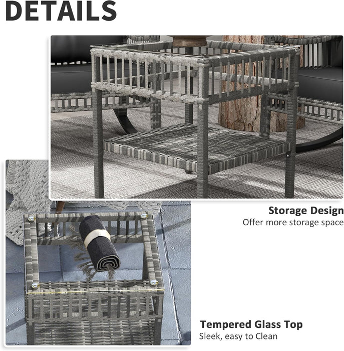 Wicker Outdoor Rocking Chair Set, 3 Piece Patio Furniture Set with Padded Cushions and Storage Coffee Table, 2-Seater PE Rattan Bistro Set for Garden Backyard Porch, Gray