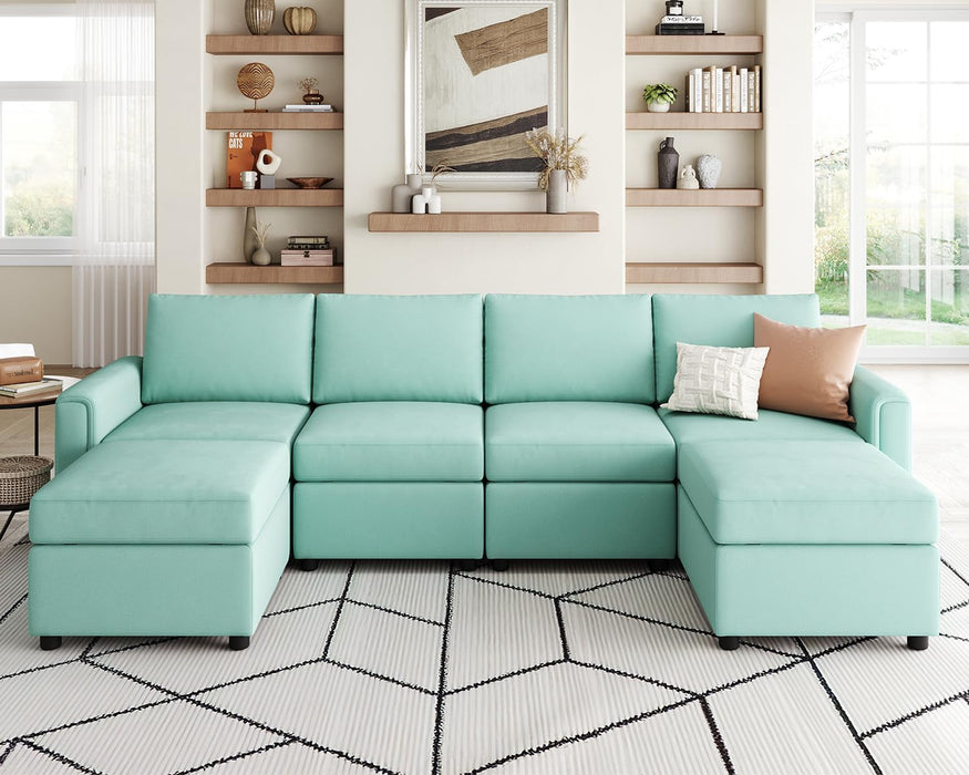 Modular Sectional Sofa, L Shaped Sofa Couch with Storage, Modular Sofa with Memory Foam, 4 Seat Sofa with 2 Ottomans for Living Room, Teal