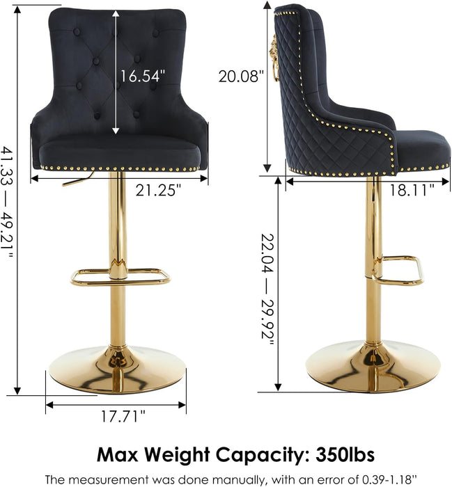 Velvet Gold Bar Stools Set of 2 Modern Counter Height Bar Stools with Lion Pull Ring Tufted Back, Nailhead Upholstered Barstools for Home Kitchen Island, Swivel Adjustable Stool Chair in Black