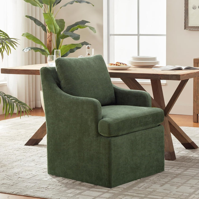 Upholstered Dining Chairs Set of 2, Modern Kitchen Chairs Dining Room Chairs with 4 Casters, Linen Armchair for Bedroom Reading Room Living Room, Green