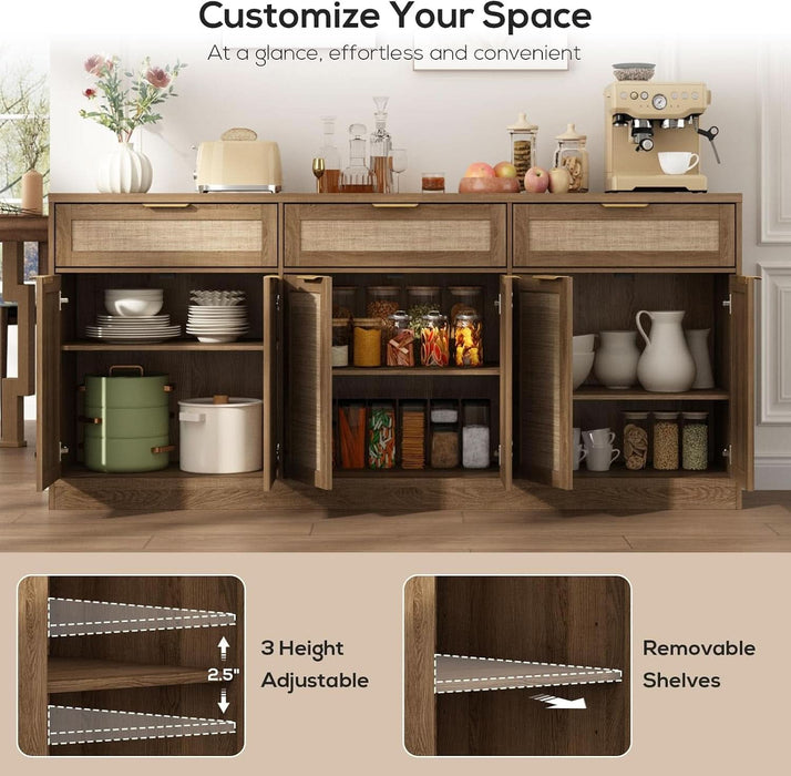 70" Rattan Sideboard Buffet Cabinet, Large Credenza Storage Cabinet