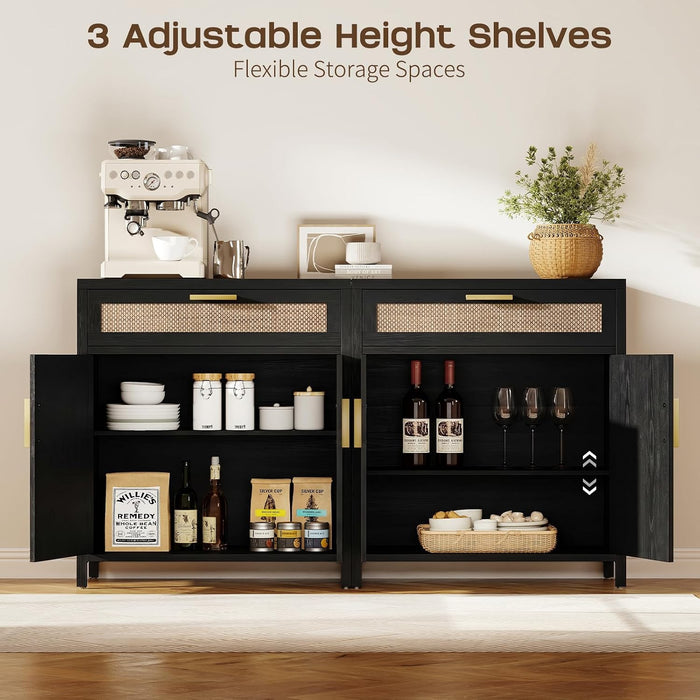 Rattan Buffet Cabinet with Storage, Sideboard Cabinet with Doors and Shelves, Accent Coffee Bar with Drawers, Farmhouse Kitchen Storage Cabinets, Credenza for Entryway, Living Room Black