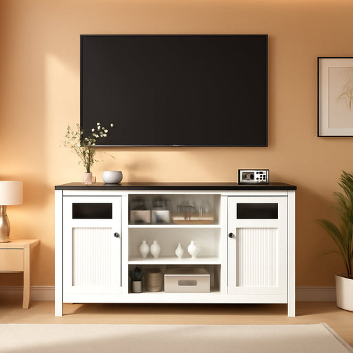 White TV Stand with Storage: 63" Tall Entertainment Center for Tvs up to 70 Inch, Long TV Consoles for Living Room, Modern Fluted Media Console with 2 Doors, Black Countertop (White)