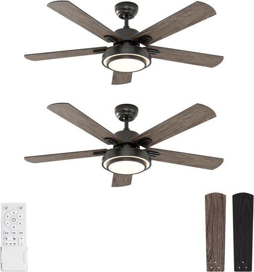 Ceiling Fans with Lights and Remote Control, 52 Inch, 6 Speeds Reversible DC Motor, 3 Color Dimmable Light, Timer, Noiseless, Black, 5 Blades, 2 Pack