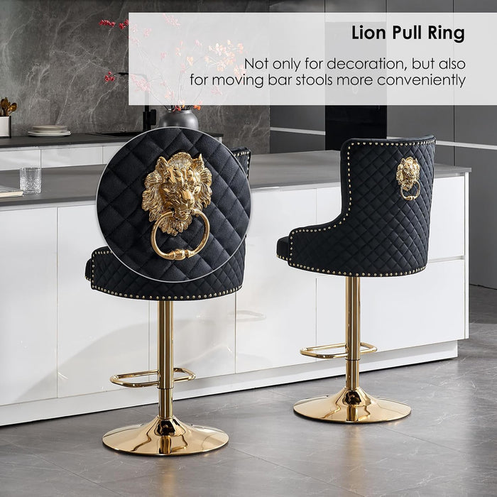 Velvet Gold Bar Stools Set of 2 Modern Counter Height Bar Stools with Lion Pull Ring Tufted Back, Nailhead Upholstered Barstools for Home Kitchen Island, Swivel Adjustable Stool Chair in Black