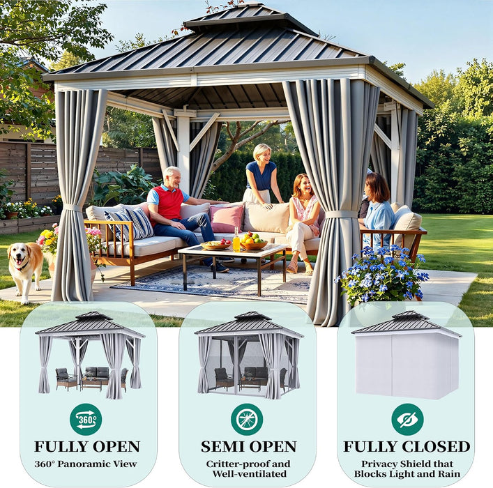 10X10FT Gazebo Patios Hard Top Outdoor Double Roof Canopy Aluminum Frame Metal Top Garden Gazebo with Curtains Netting for Backyards Decks Lawns, White
