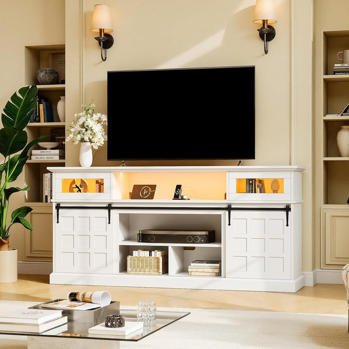 70" LED TV Stand for Living Room, 33.5'' Tall Entertainment Center with Outlets for 80'' TV, Farmhouse Wood Media Console with Flip Drawers/Sliding Barn Doors, Modern White