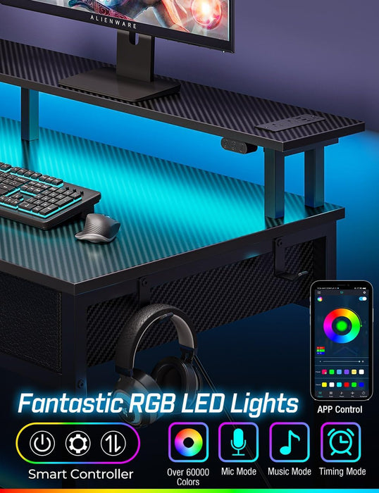 Computer Desk with Power Outlets & LED Light, 47 Inch Home Office Desk with 3 Drawers and Storage Shelves, Writing Desk with Monitor Stand, Modern Work Desk for Home Office, Carbon Black