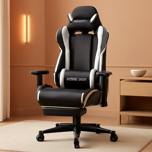 Gaming Chair with Footrest, Ergonomic Computer Game Desk Chair, Reclining Gamer Chair Seat Height Adjustment, Swivel Rocker with Headrest and Lumbar (White)