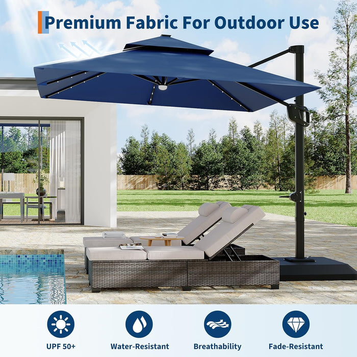 10 Ft Solar Lights Cantilever Patio Umbrella with Base Included, 360° Rotation Offset Umbrella, Easy Crank & Tilt Adjustment, UV Protection for Backyard, Poolside, Deck -Navy Blue