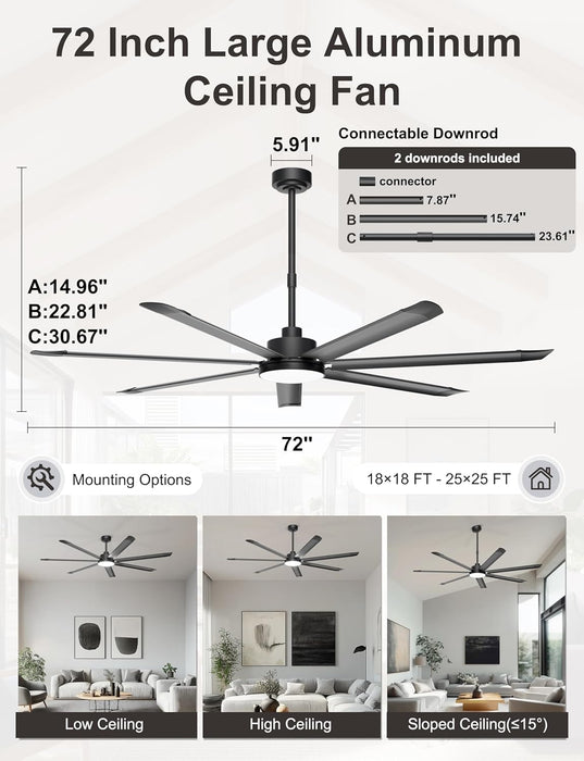 72'' Large Ceiling Fan with Lights, High CFM Industrial Ceiling Fan with Remote/App, 7 Aluminum Blades, Dimmable, for Outdoor Patio, Shop, Garage, Black
