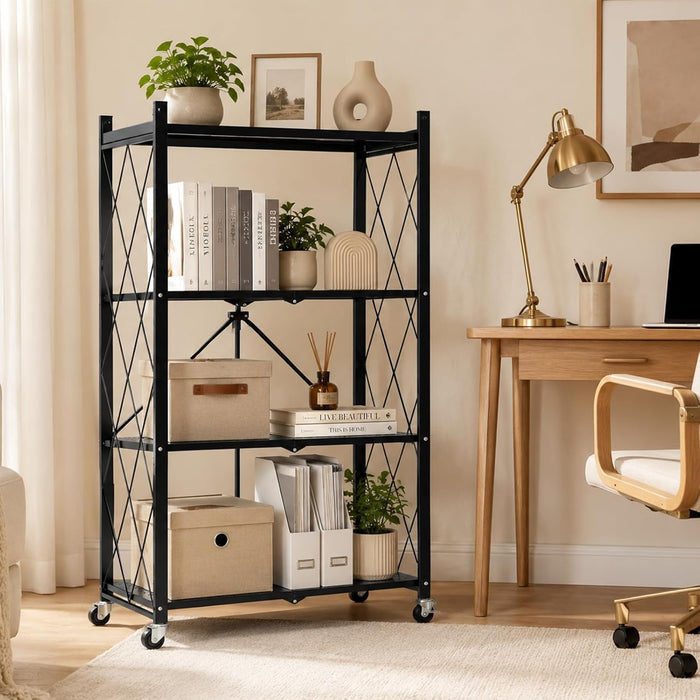 4 Tier Foldable Metal Storage Shelves on Wheels No Assembly | Heavy-Duty Shelf Unit for Kitchen, Garage, Pantry, Basement, Bookshelf, Black