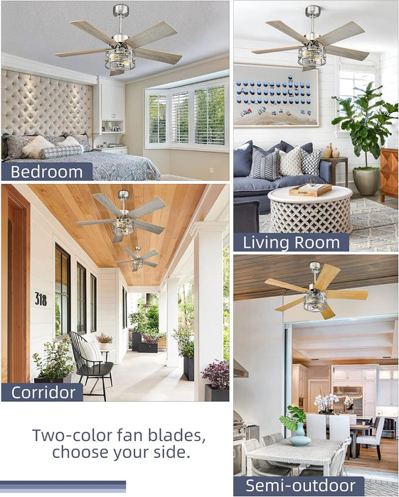 Farmhouse Ceiling Fans, 48 Inch Industrial Ceiling Fan with Light and Remote Control, Clear Glass, 5-Reversible Blades with Gray Oak/Burlywood Finish, 52-YJ632-BN