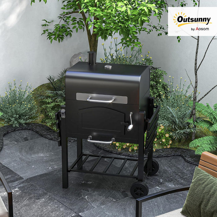 Charcoal Grill, Portable BBQ with Adjustable Height, Folding Shelves, Thermometer, Bottle Opener and Wheels, Barbecue for Outdoor Camping, Picnic, Patio, Backyard, Black