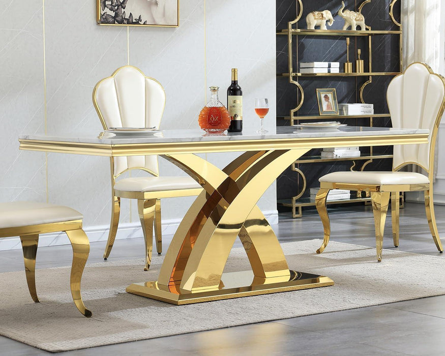 Faux Marble Dining Table, Modern Faux Marble Dining Room Table 70" with X Shape Stainless Steel Pedestal for Kitchen & Dining Room