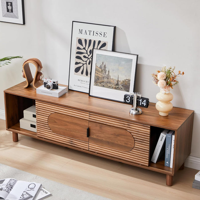 63Inch Wood TV Stand for Televisions up to 70 Inches,Mid Century Modern Entertainment Center TV Console Table with Storage and Shelf for Living Room Bedroom (Walnut)