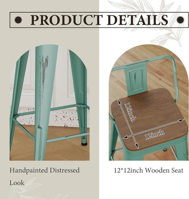 Bar Stools Set of 4, 24" Distressed Barstools, Green Blue | Metal Modern Industrial Counter Height Stools, Distressed, Wooden Seat, Footrest, Counter Height, Set of 4, 350 Lb