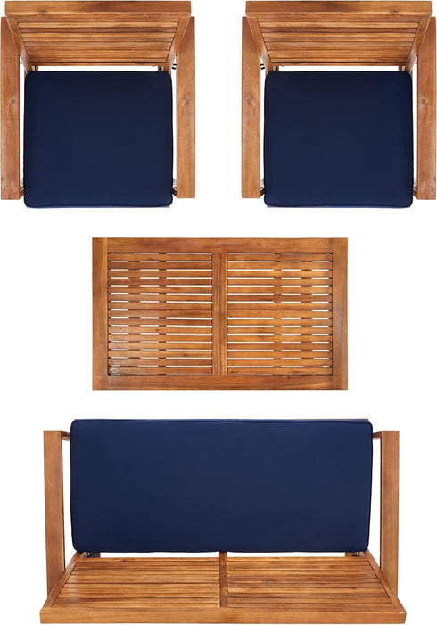 Home Collection Hailey Outdoor Living 4-Piece Acacia Patio Furniture Set, Brown and Navy