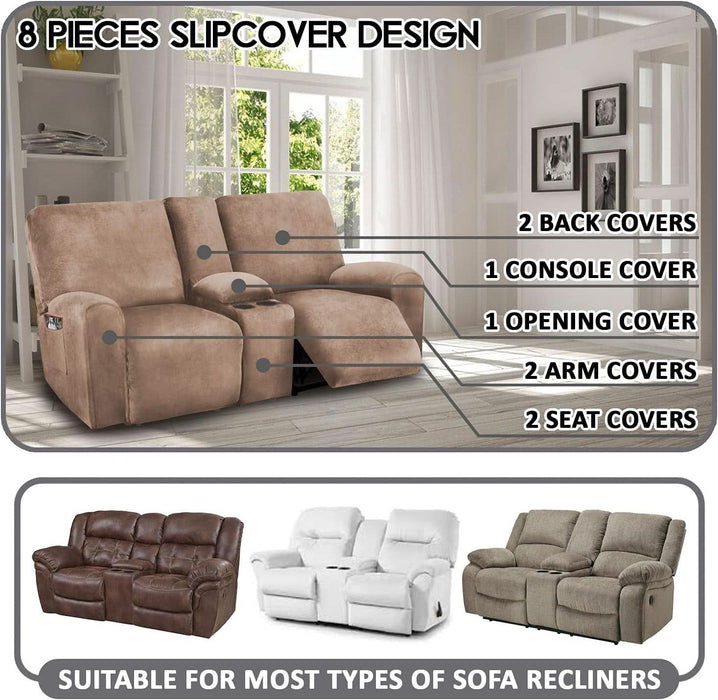 Reclining Love Seat with Middle Console Slipcover, 8-Piece Velvet Stretch Loveseat Reclining Sofa Covers, 2 Seat Love Seat Recliner Cover, Thick, Soft, Washable, Love Seat Slipcovers (Sand)