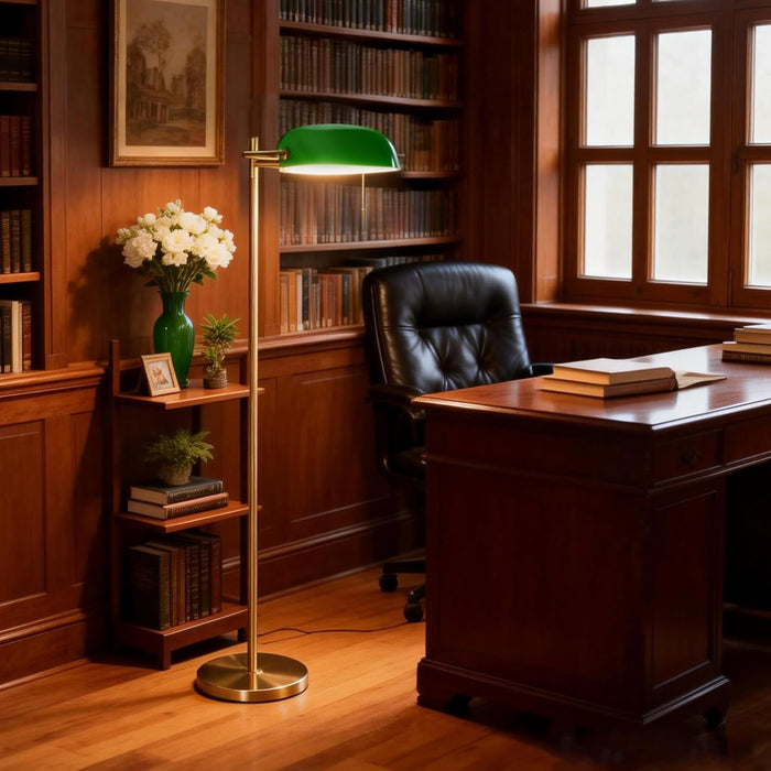 Sophisticated Gilded Bankers Floor Lamp Green Shade