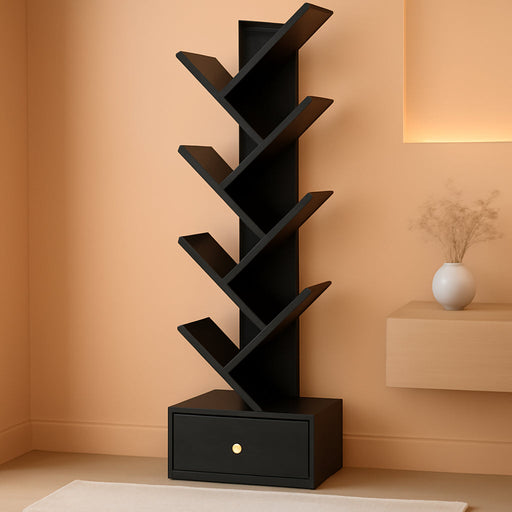 8 Tier Tree Bookshelf with Drawer, Free Standing Wood Bookcase for Living Room, Bedroom, Home Office, Space Saving Storage Organizer Bookshelves for Books, Cds, Vinyl Records- Black