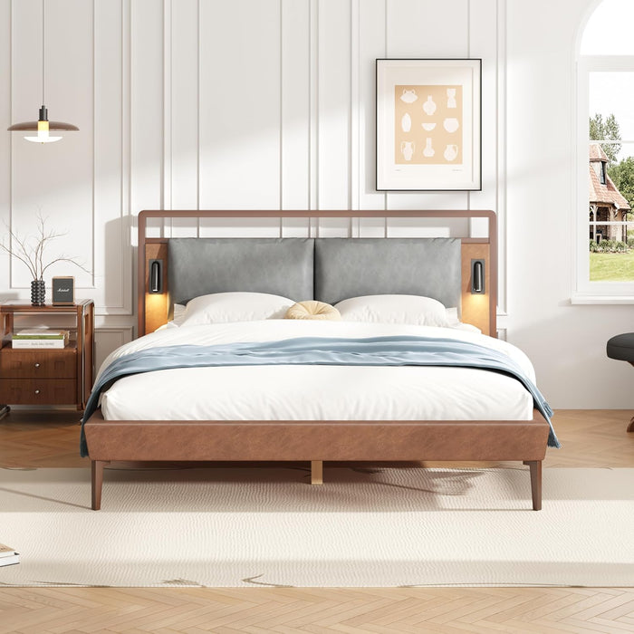 Upholstered Headboard Brown Bed Frame with Gray Leather Headboard Solid Wood Bed Frame with Integrated Night Lights, Wooden Slats, No Box Spring Needed Platform Bed, Queen