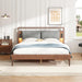 Upholstered Headboard Brown Bed Frame with Gray Leather Headboard Solid Wood Bed Frame with Integrated Night Lights, Wooden Slats, No Box Spring Needed Platform Bed, Queen