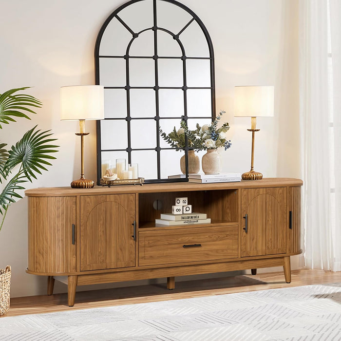 63" Fluted TV Stand for Tvs up to 70", Mid-Century Modern Entertainment Center with Drawers and Fluted Doors, Curved TV Media Console Table with Sliding Doors for Living Room, Bedroom (63")