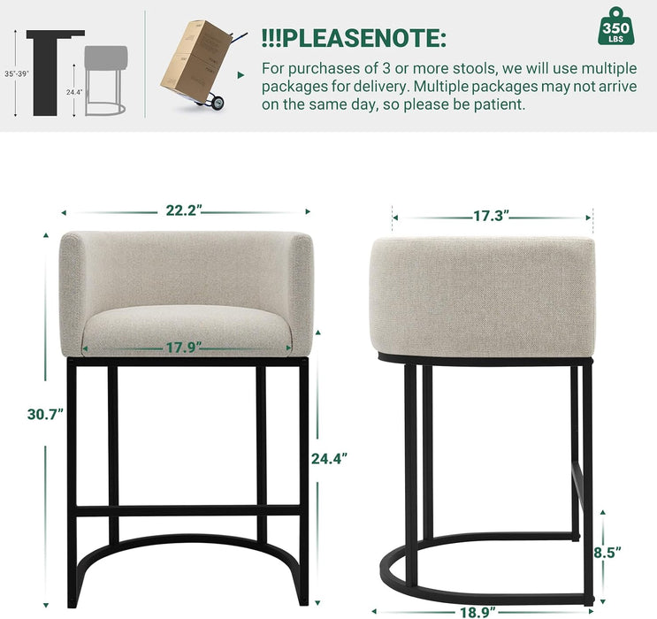 Counter Height Bar Stools Set of 2, 24 Inch Seat Height Barstools for Dining Room, Fabric Upholstered Bar Chair for Kitchen Island, Linen Counter Stools with Metal Legs, Beige