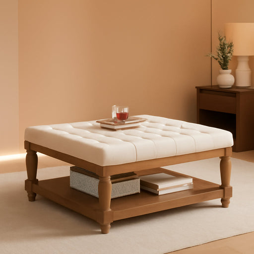 Upholstered Square Coffee Table with Wooden Shelf, Tufted Button Large Square Ottoman with Spindle Wooden Legs, Linen Large Footrest Ottoman Pouf for Living Room, Ivory