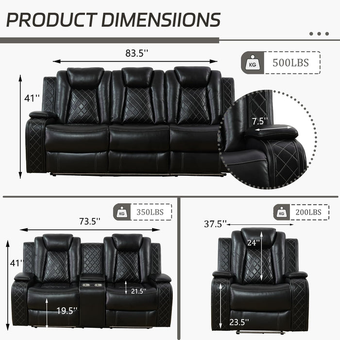 Leather Power Recliner Sofa Set with LED, Living Room Furniture Set, Leather Sofa Set with USB Port Storage Console Cup Holder (Power Reclining Sofa Set, Black)