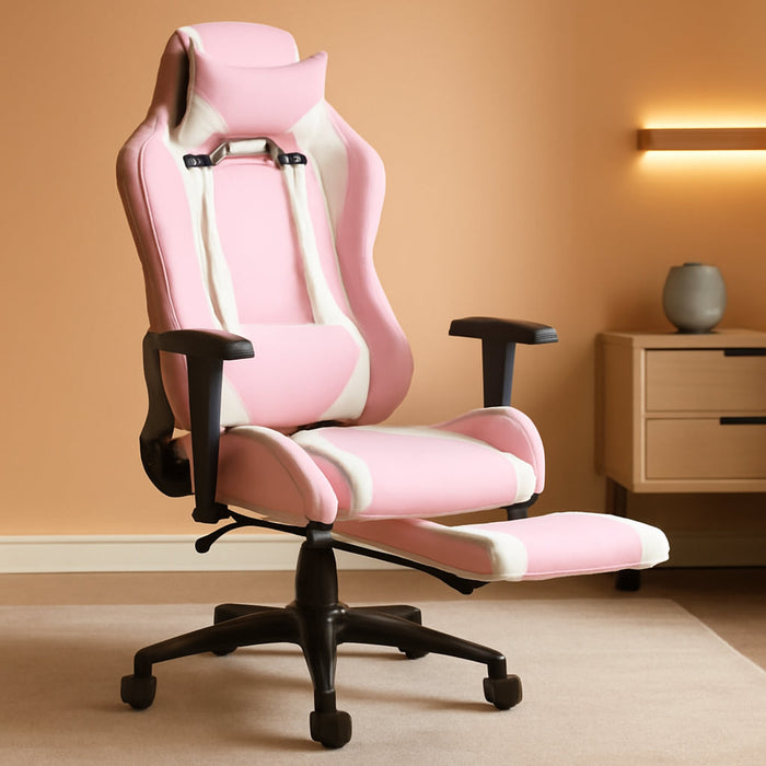 PC Gaming Chair Desk Chair Ergonomic Office Chair Executive High Back PU Leather Racing Computer Chair with Lumbar Support Footrest Modern Task Rolling Swivel Chair for Women Men Girls Adults, Pink