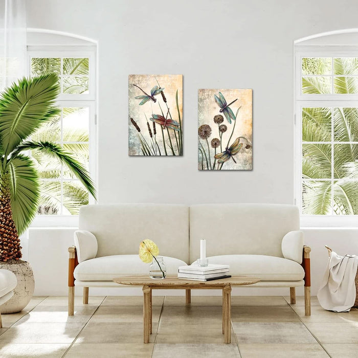 Dragonfly Wall Art Vintage Insect Painting Pictures Prints Beige Dandelion on Canvas Artwork