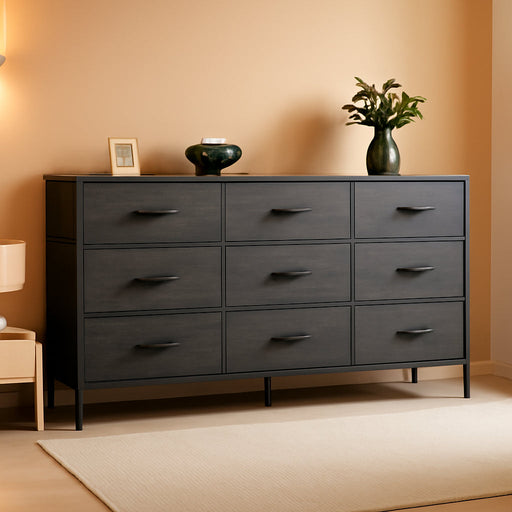 9 Drawer Dresser, 47 Inch Dresser TV Stand for 50, 55 Inch TV, Entertainment Center with Drawers, Fabric Dresser Chest of Drawer for Bedroom, Closet, Grey