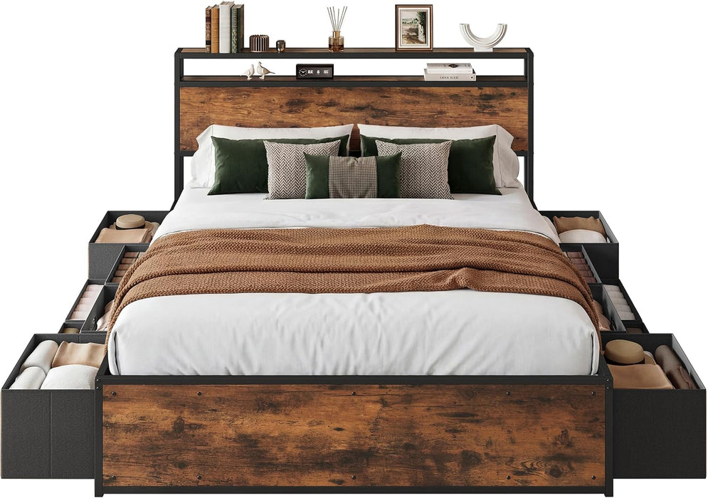 Queen Size Bed Frame with 12 Storage Drawers and Headboard