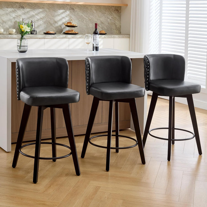 Swivel Bar Stool Set of 3, Faux Leather Low Back Counter Height Bar Stools, 27.5" Upholstered Tufted Counter Barstools with Wood Legs for Kitchen Island, Home Bar (Black)
