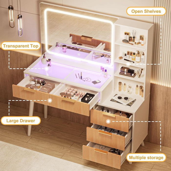 44" Vanity Desk with Mirror and Lights, Makeup Vanity Desk with Power Outlet, Makeup Desk with 5 Drawers&Storage Shelves, Vanity Table 3 Color Adjustable Brightness Dressing Table Set for Bedroom
