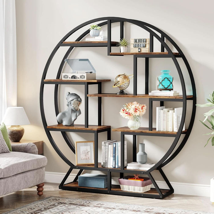 Bookshelf, round Bookshelves Etagere Bookcase, 63 Inch Industrial Wood Book Shelf with Staggered Shelves, Rustic Open Shelving Organizer Rack Display Shelf for Home Office, Living Room