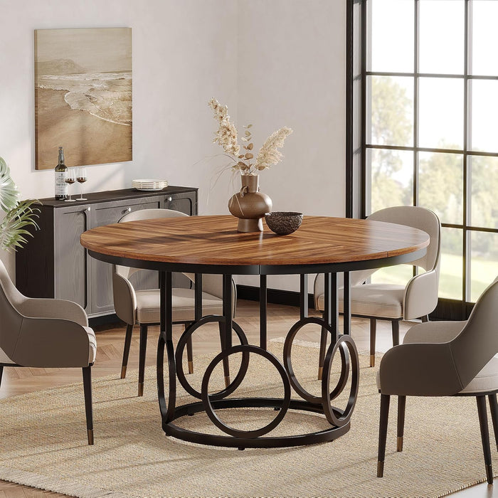 47-Inch round Dining Table, Wood Kitchen Table with Sturdy Metal Base for 4-6 People, Large Circle Dinner Table for Dining Room, Kitchen, Living Room (Brown & Black, Only Desk)