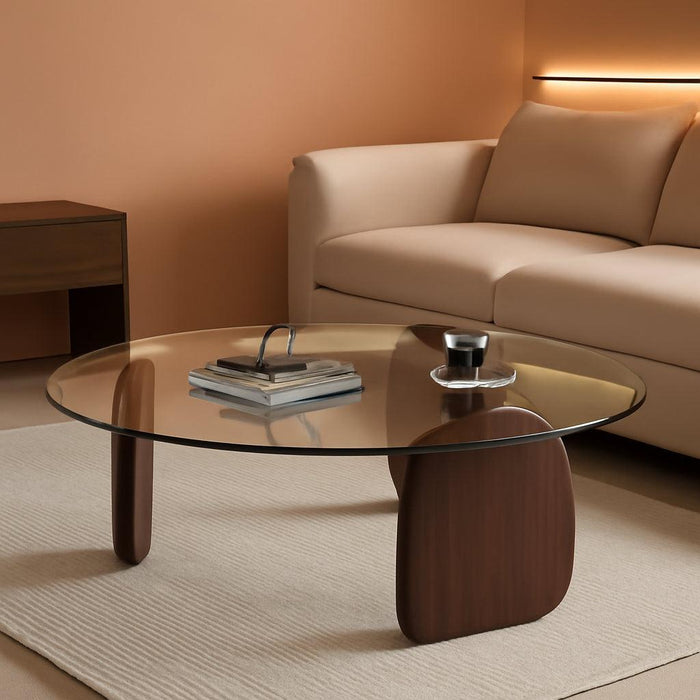 Modern round Coffee Table with Glass Top, 32.68" D X 22.44" W X 15.75" H, Circular Tea Tables for Living Room Home Office Industrial Cocktail Tables (Walunt-Clear Glass/35.43")