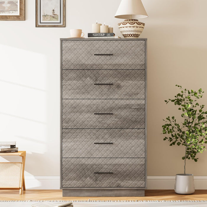 Tall Dresser with 5 Drawers, Modern Wooden Chest of Drawers with Diamond Panel, Anti-Tipping Device, Sturdy and Stable Storage Organizer for Bedroom, Hallway, Living Room