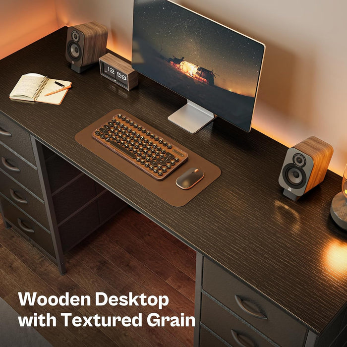 55 Inch Computer Desk with 8 Fabric Drawers, Office Desk Work Desk for Home Office, Study, Gaming Desk with Drawers, Large Storage, Black