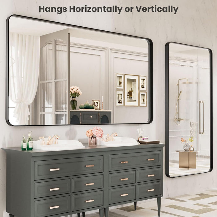 Black Metal Framed Bathroom Mirror for Wall, Large 55X30 Inch Rounded Rectangle Mirror, Matte Black Bathroom Vanity Mirror Farmhouse, Anti-Rust, Tempered Glass, Hangs Horizontally or Vertically