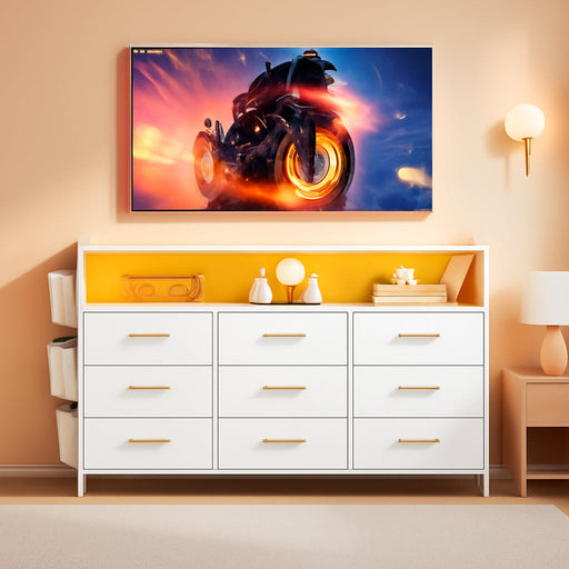 Dresser TV Stand with 10 Drawers for 55" TV Stand for Bedroom with LED Lights & Power Outlets Wide Dresser for Bedroom with Shelves & Side Pockets Sturdy Metal Frame & Wood Top, White