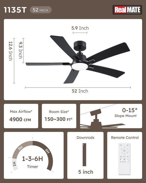 52 Inch Ceiling Fans with Lights and Remote, Black Ceiling Fan, Downrod Style with 5 Blades, Modern Design for Indoor Bedroom Living Room/Outdoor, 6 Speed Reversible DC Motor, 3CCT Dimmable LED